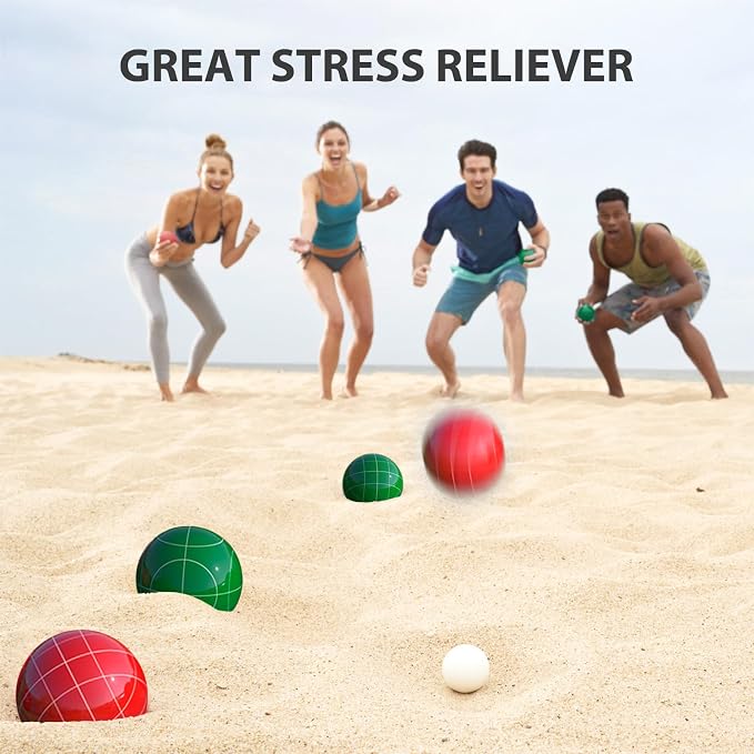 100mm Bocce Ball Set Regulation Size and Weight with 8 Resin Bochie Balls, Pallino, Carrying Bag, Measuring Rope, Gift for Family Backyard Lawn Yard Beach Bocci Games (Multi Colors, 2-8 Players) - Image 5