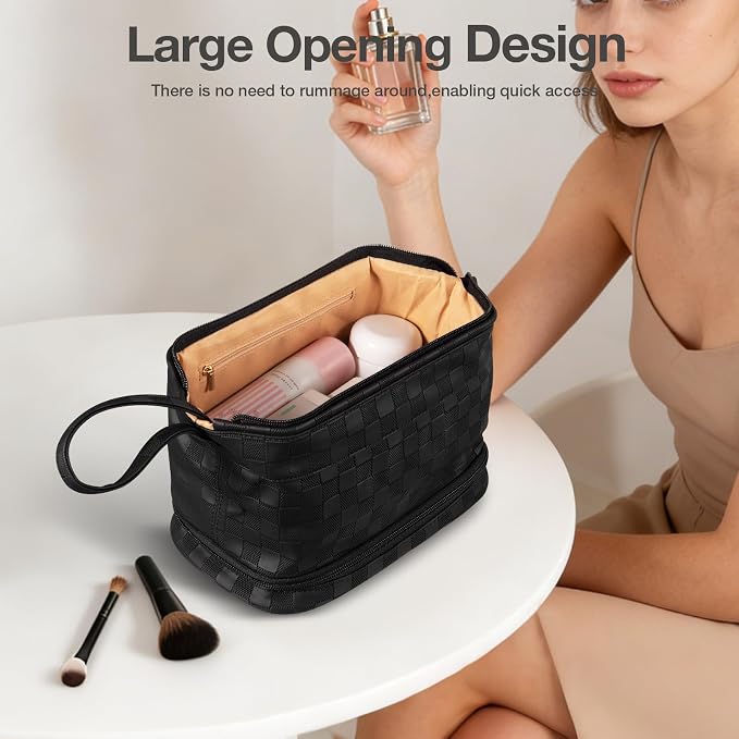 Abiudeng Large Capacity Makeup Bag Ladies Cosmetic Bag Travel Bag with Compartments Portable PU Leather Travel Makeup Bag with Handle - Image 5