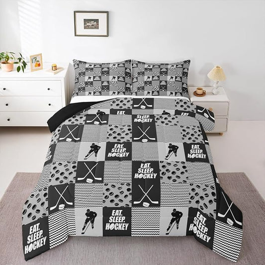 Ice Hockey Comforter Sets For Boys King Black White Grey Winter Sports Games Down Comforter Kids Teen Room Decor,Hockey Pucks Player Bedding Set Geometric Checkered Stripes Quilt Duvet 2 Pillow Cases by Erosebridal