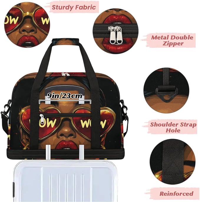 African Women Wow Foldable Travel Duffel Bag, Expandable Weekender Overnight Carry on Bags with Shoe Compartment Sport Tote Gym Luggage for Women Men - Image 5