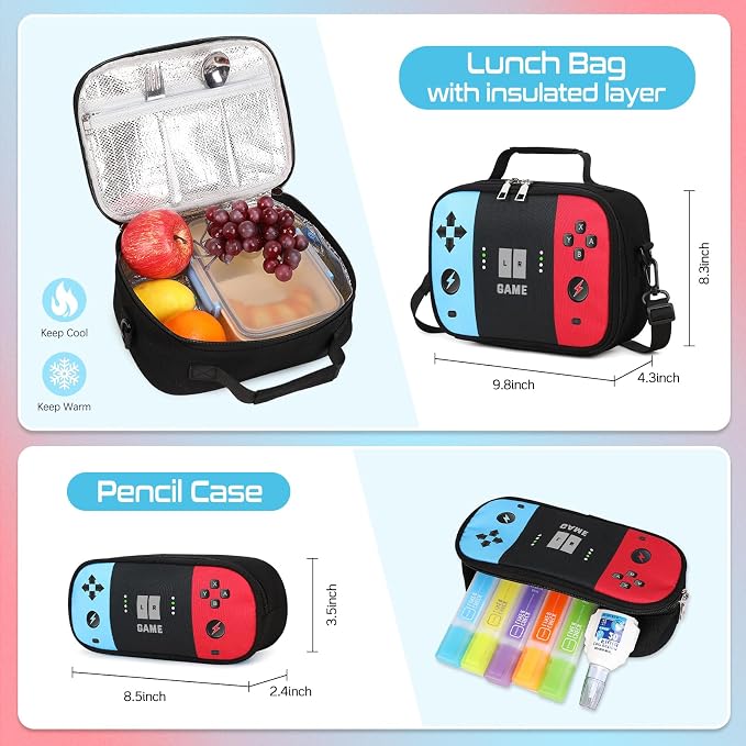 Gamer Backpack for Boys , 3PCS Boys Backpack with Lunch Box & Pencil Pouch, Waterproof School Bags for Boy Kids Children Teens, Elementary Middle School, Kids Book Bag Casual Daypack (Red Black) - Image 7