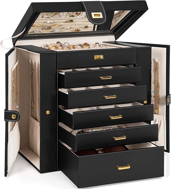 AKOZLIN 6-Tier Jewelry Box Organizer Functional 5 Drawers Leather Jewelry Storage Case for Women Girls Ring Necklace Earring Bracelet Holder Organizer with Mirror Extra Large Black by AKOZLIN