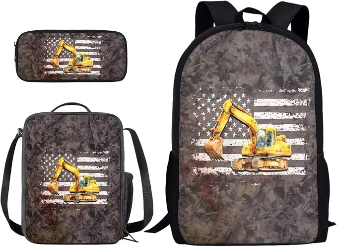 Excavator American Flag Print Schoolbag Set for Boys and Girls Back to School Supplies, Kids Backpack Set with Reusable Lunch Box Pen Bag, Durable Lightweight Daypack Set, Gray by PCSJRKG