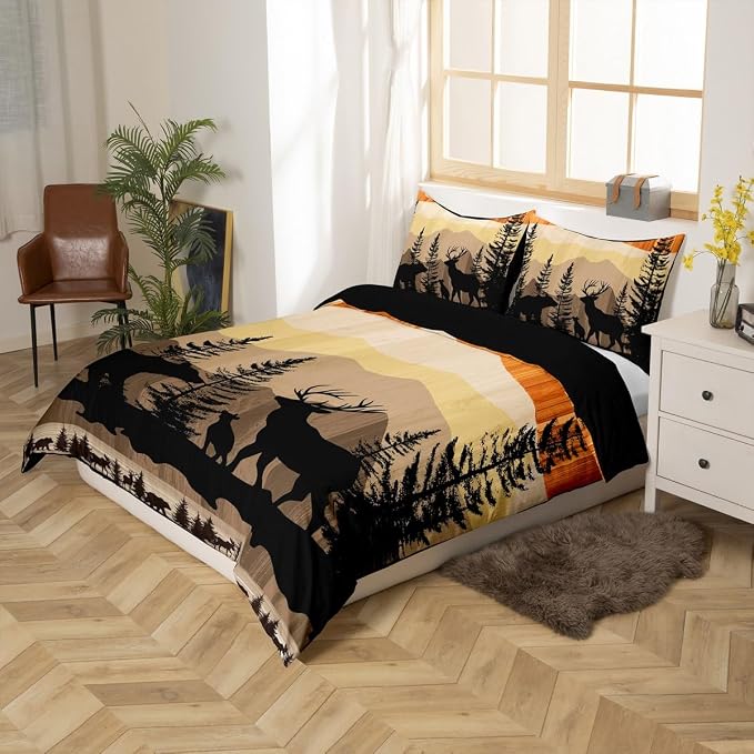 Erosebridal Rustic Deer Bedding Set Western Farmhouse Theme Duvet Cover King Size, Wild Animal Print Comforter for Adult Women Teens Bear 3 Pcs, Old Barn Door Bedspread - Image 2
