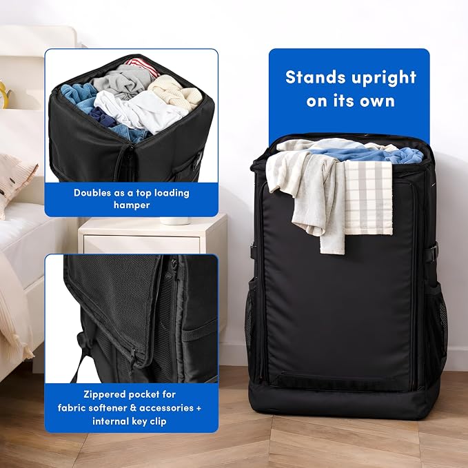 Otis 90L Extra Large Laundry Backpack Bag with Front-Load Access, Heavy Duty Backpack, Laundry Hamper with Padded Shoulder Straps & Waist Buckle for Dorm, Apartment, Laundromat & Travel. - Image 4