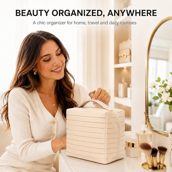 Travel Makeup Organizer Bag for Women, Fold Down Large Capacity Makeup Organizer with Compartments, Foldable Lay Flat Waterproof Cosmetic Toiletry Bag for Brushes, Skincare and Travel, Cream Beige - Image 3
