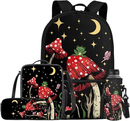 Mushroom Backpack for Girls Boys Backpack with Lunch Box Water Bottle Pouch and Cute Pencil Case 4PCS Set Bookbag with Front Pocket for School 17 inch Large Elementary School Bag for Kids by ELEDIZI