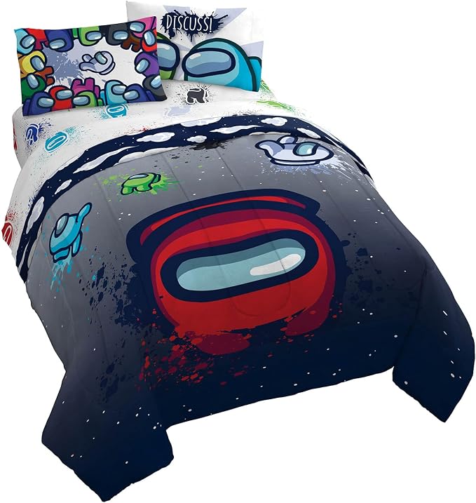 Among Us Queen Comforter Set 5 Piece Kids Video Game Bedding, Multi | Bed in a Bag, Comforter Sheets Pillowcases, Official Product, Soft Microfiber, Machine Washable, Easy Care, Kids Gift by JayFranco