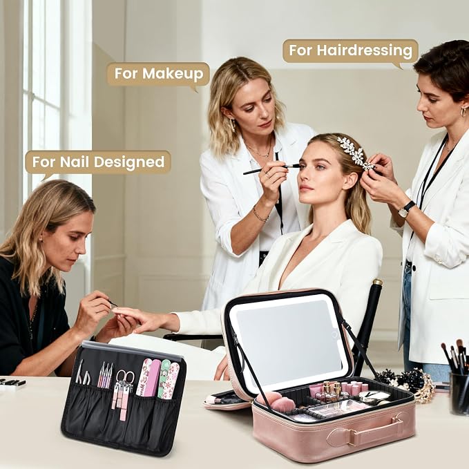 Faquenc Makeup Bag with LED Lighted Mirror 12.2 IN Cosmetic Train Case Double Layer Makeup Case Adjustable Brightness in 3 Colors Cosmetic Organizer Artist Storage with Brush Holder Vanity Smoky Pink - Image 2