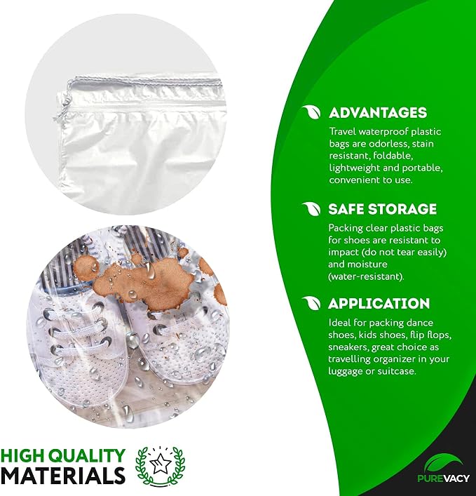 Clear Drawstring Bags, 8 x 10 Inch Plastic Shoe Bags with Cotton Drawstrings, Pack of 100 for Travel Storage and Packaging - Image 3