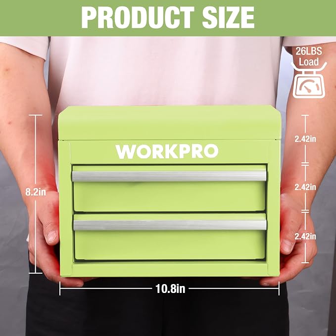 WORKPRO Metal Mini Tool Box with 2 Drawers and Top Storage | Cold Rolled Steel Toolbox, Ball Bearing Slides, PVC Drawer Liners, PP Feet Pads, Durable Storage - Image 2