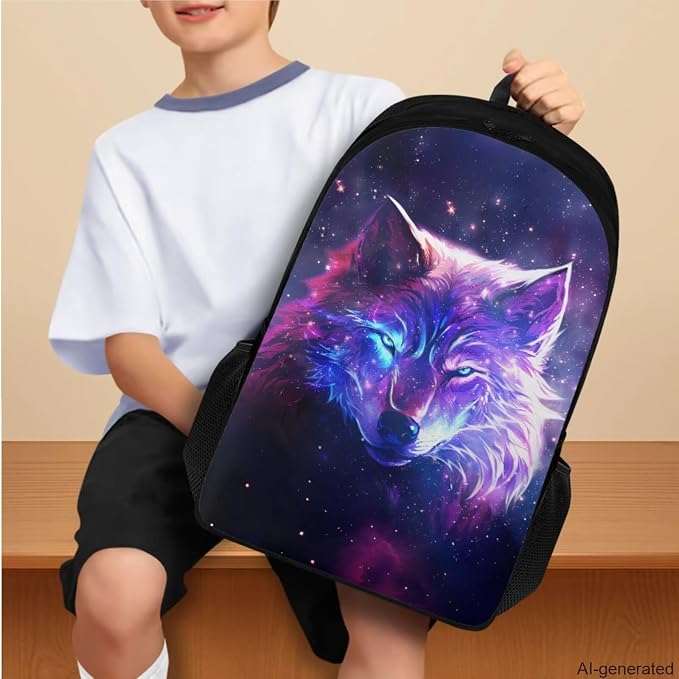 Galaxy Wolf Backpack for Girls Boys Backpack with Lunch Box Water Bottle Holder with Strap and Aesthetic Pencil Case 4PCS Set Bookbag with Compartments for School 17 inch School Bag for Kids - Image 3