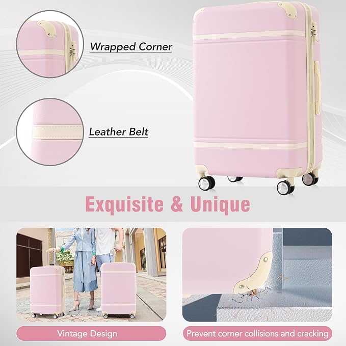 Merax Luggage Set 3 Piece Suitcase Set with Cosmetic Case Expandable Spinner Wheels Vintage Luggage Sets(Light Pink,20"+24"+28") - Image 5