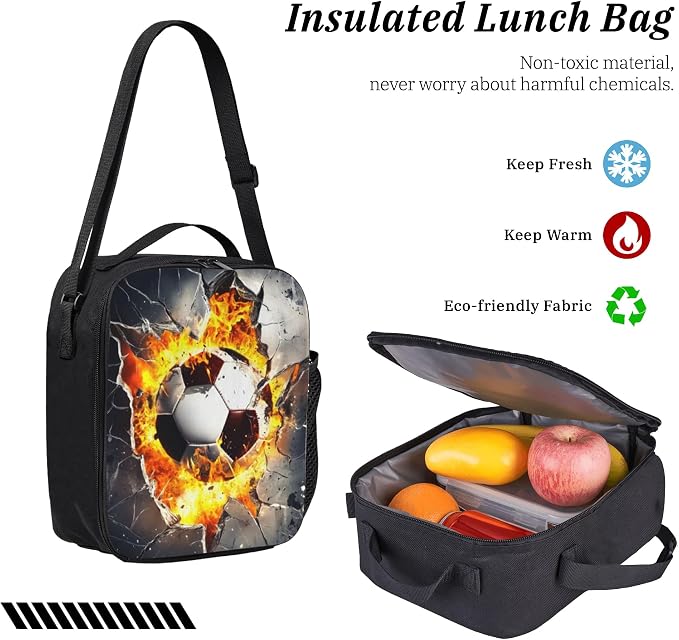 Soccer Kid Backpack Set with Lunch Bag & Pencil Case Large Capacity School Bag 17 Inch Bookbag for Boy Girl - Image 6