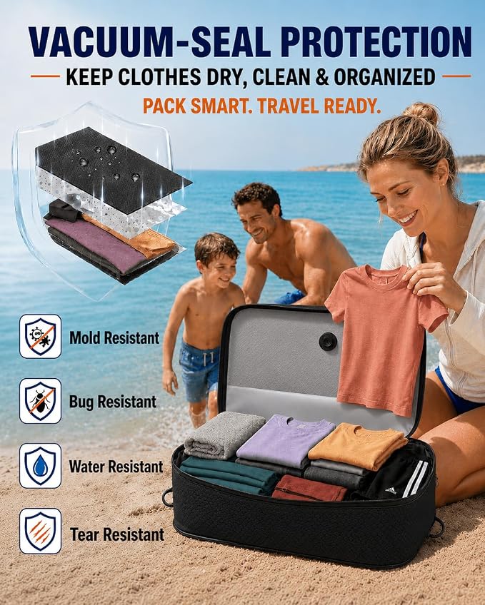 Vacuum bags for travel luggage with Wireless Pump – 270° Open, IP68 Waterproof, Reusable Compression Bags, Pack More in Carry-On & Checked Suitcases(2Pack+Pump) - Image 5