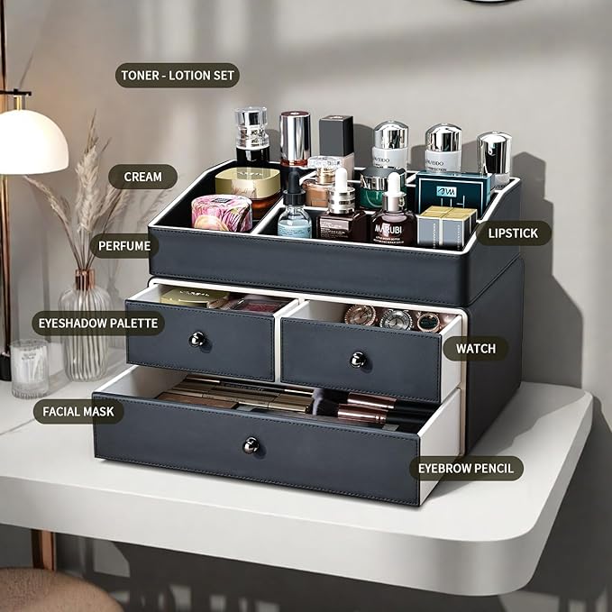 KINGFOM 2 Tier PU Leather Makeup Organizer with 3 Drawers, Cosmetic Storage Organizers for vanity Dresser Countertop and Bathroom Vanity, Beauty Holder for Lipstick Brush Skincare (Black) - Image 3