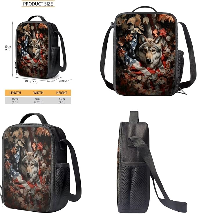 Wolf American Flag Maple Leaf Print Backpack Set for Boys and Girls, 4th of July Large Lightweight Students Schoolbag Set, Knapsack Set with Portable Lunch Box Pencil Case - Image 6
