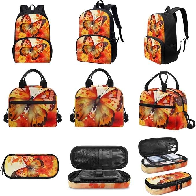 Orange Floral Butterfly Backpack Set for Girls Kids Lightweight Cute School Backpack with Lunch Box Pencil Case Adjustable Strap Padded Book Bag Insulated Lunch Bag - Image 3