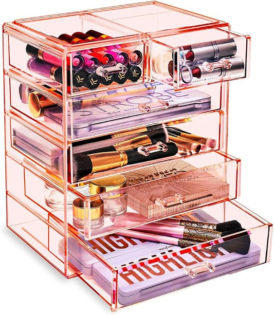 Sorbus Acrylic Makeup Organizer Set, 6-Drawer Vanity & Countertop Cosmetic Storage with Small & Wide Drawers, Pink Makeup Storage for Brushes, Lipsticks, Jewelry – Holiday Gift for Women & Teens by Sorbus