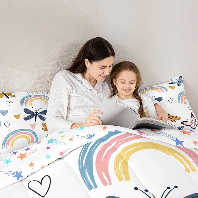 Rainbow Queen Bedding Sets For Girls, Cute Dragonfly Duvet Insert,Hand Drawn Love Heart Comforter Set For Kids Boys Children Teens Adult, Rainbow Ripple Cartoon Quilt 3 Pieces With 2 Pillow Cases - Image 5