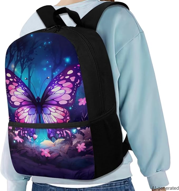 Purple Butterfly Elementary School Backpack for Girls with Lunch Box Lightweight Large Capacity Student Bookbag for Kids Teens Children Casual Travel Daypack Cute School Supplies Set - Image 2