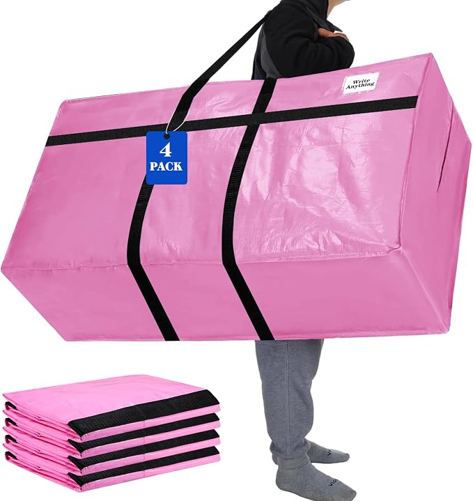 Windyun 4 Pack 69 Gallon Extra Large Moving Bags XXL Heavy Duty Storage Bag with Strong Zipper Handle Jumbo Big Tote Box Foldable for College Dorm Travel Clothes Duffle Blanket Pillow(Pink) by Windyun