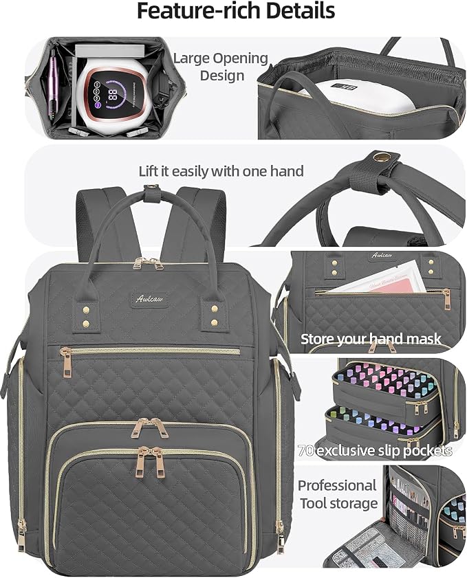 Large Nail Polish Organizer Bag Backpack Holds 70+ Bottles(15ml/0.5 fl.oz) UV Nail Lamp,Nail Organizers and Storage with 2 Removable Pouches Fits Nail Tool,Gift for Manicurist，Grey - Image 4