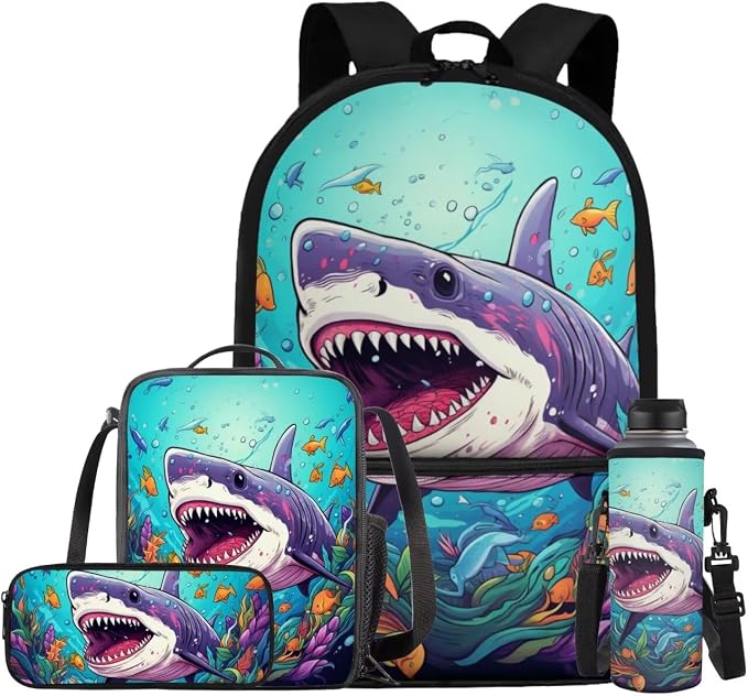 Shark Backpack for Boys Kids Backpack with Lunch Box Water Bottle Pouch and Soft Pencil Case 4PCS Set Cute Bookbag with Front Pocket 17" Large School Bag with Side Pocket for Elementary Girls by ELEDIZI
