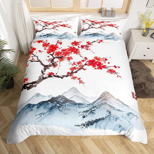 Cherry Blossoms Comforter Cover Twin Size for Girls Women Japanese Red Floral Decor Bedding Set Adult Teens Japanese Style Ukiyoe Theme Soft Duvet Cover Mount Fuji Pattern Bedspread with Zipper Ties by Erosebridal