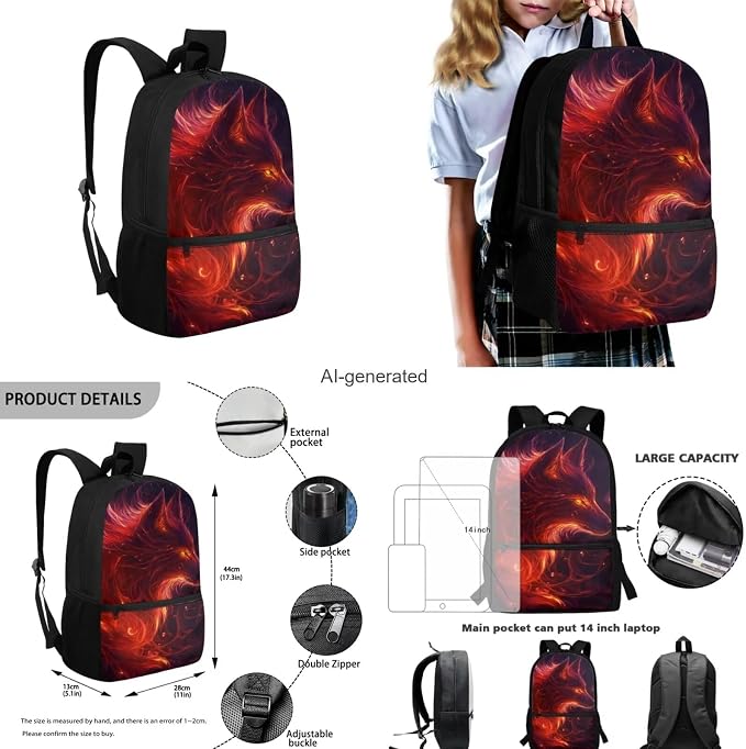 Galaxy Wolf Backpack for Girls Boys Backpack with Lunch Box Water Bottle Holder and Soft Pencil Pouch 4PCS Set 17" Sturdy Bookbag with Front Pocket for School Lightweight School Bag for Kids - Image 3