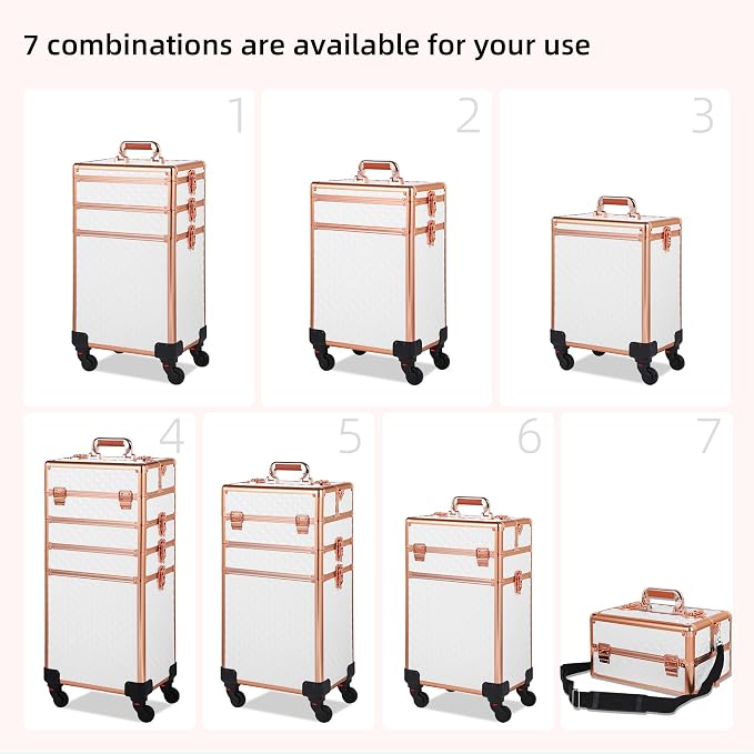Somduy Rolling Makeup Case, Makeup Train Case with Lid, 5 in 1 Cosmetology Case on Wheels, Christmas Gift, Large Makeup Organizers, Profesional Cosmetic Case for Salon Barber, White Gold - Image 2