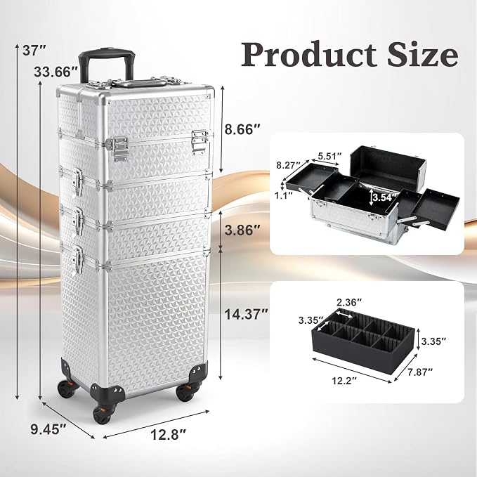 4 in 1 Makeup Train Case - Professional Cosmetology Case on Wheels, Large Transformable Makeup Train Case & Barber Case, Portable rolling makeup case & Makeup Cart, Silver - Image 7