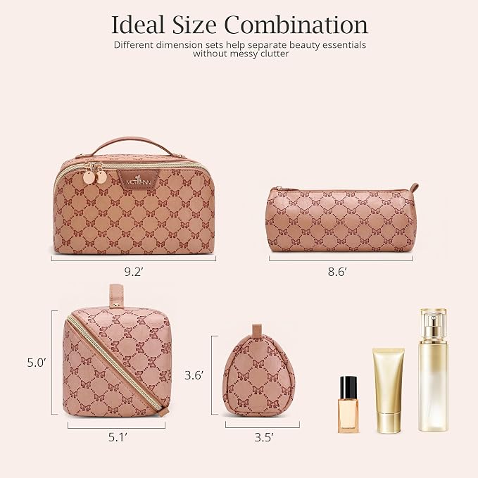 Travel Makeup Bags for Women: 3 Pcs Set Luxury Bow Print Make up Bag - Large Capacity Cute Cosmetic Case - 3–15 Day Travel Toiletry Organizer Bag, Comes with An Gift Box(Cocoa Brown) - Image 6
