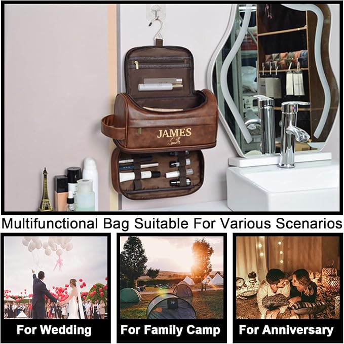Personalized Leather Toiletry Bag, Brown, Three Layer Structure, Waterproof, Customizable Name Engraving, Travel Organizer for Men, Multi-Occasion Gift (UK2001) - Image 5