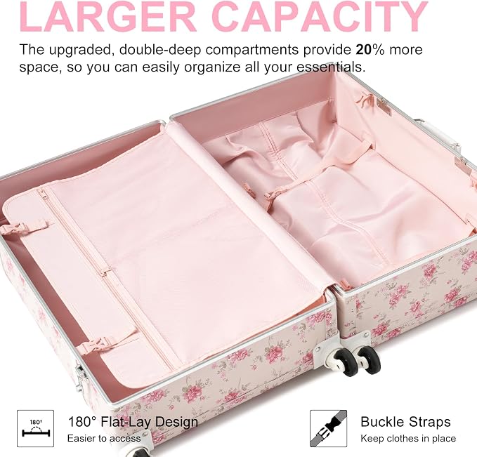 urecity 26" Vintage Luggage Set, 2 Piece Blush Camellia Retro Checked Suitcase with Cosmetic Case, Luxury Vegan Leather Aluminum Frame Spinner Trunk for Women (with Protective Clear Cover) - Image 4