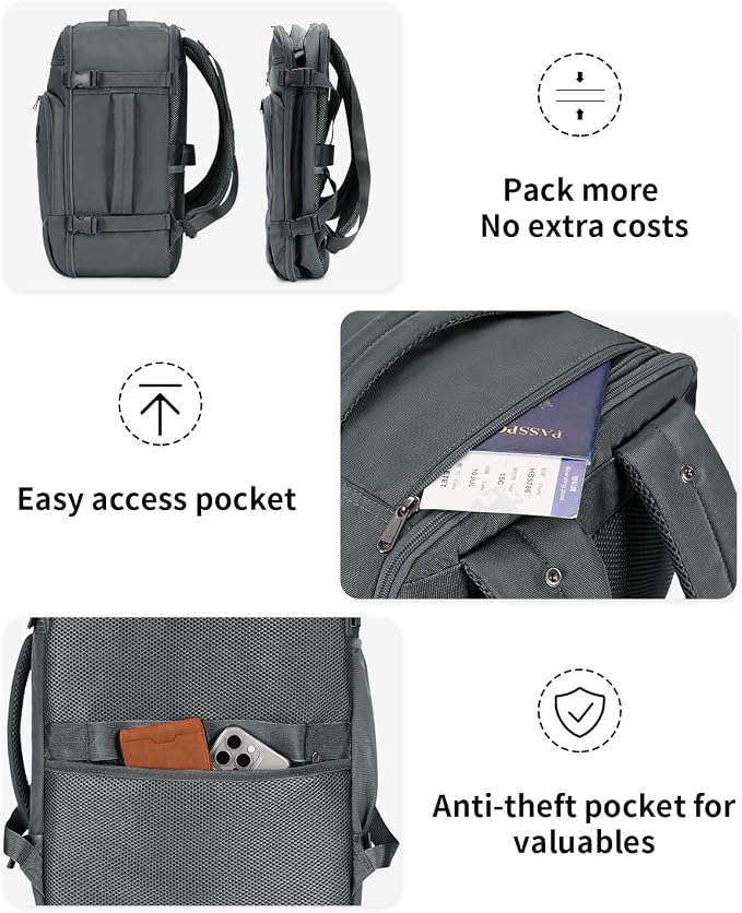ECOHUB Travel Backpack for Men, 18x14x8 Frontier Airlines Personal Item Bag with Clear Toiletry Bag, Laptop Carry on Backpack with USB Port, Airline Approved Under Seat 14 Pockets 30L, Grey - Image 8