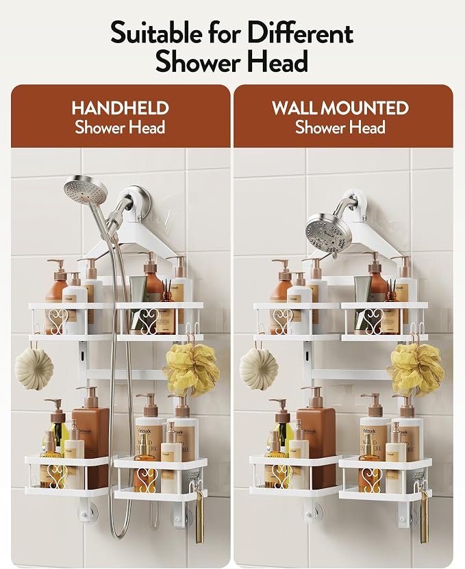 Orimade Adjustable Hanging Shower Caddy for Handheld Shower Heads, Rustproof Bathroom Shelf Organizer Over Showerhead Storage Rack with 8 Hooks, Easy-Clean Removable Baskets & Triple Anti-Slip, White - Image 3
