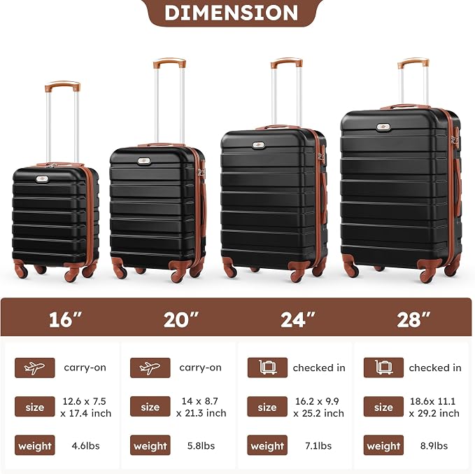 Suitour 4 Piece Luggage Sets, Hard Shell Suitcase Set with Spinner Wheels 16 20 24 28inch Travel Sets(Black Tan) - Image 9