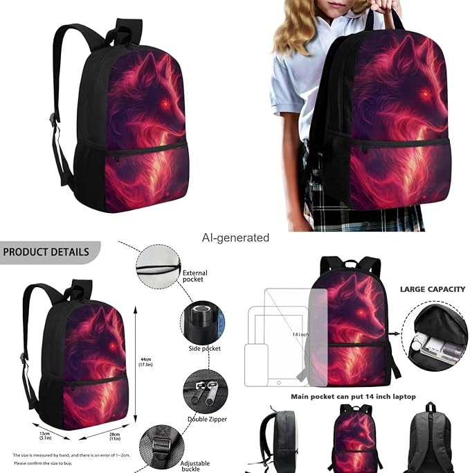 Galaxy Wolf Backpack for Girls Boys Backpack with Lunch Box Water Bottle Pouch and Big Pencil Pouch 4PCS Set Bookbag with Front Pocket 17" Lightweight School Bag for Kids Back to School Gifts - Image 3