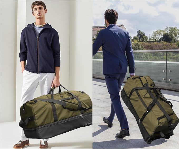 Bagenerous 110L/140L Expandable Soft-Sided Foldable Duffle Bag with 2 Rubber Wheels,Packable 32” Rolling Carry-On with Multi-Pockets & Compartments,Army Green - Image 6