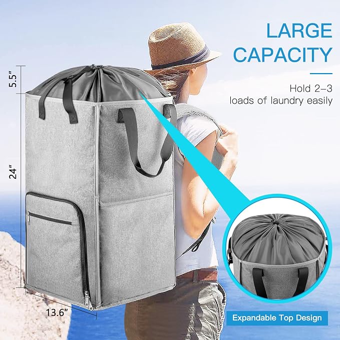 Laundry Backpack Bag, Bukere Extra Large 2 in 1 Laundry Hamper Basket for College Students Dorm Essentials, Adjustable Shoulder Straps, Freestanding Laundry Bag - Image 2