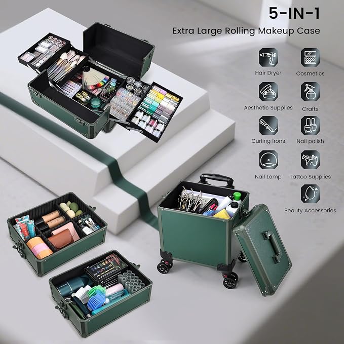 Rolling Makeup Case Makeup Train Case with Lid 5 in 1 Cosmetology Case on Wheels Cosmetic Trolley Organizer Large Makeup Organizers Case Profesional Cosmetic Case for Salon Barber Nail Beauty, Green - Image 8