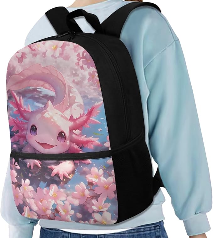 Cherry Blossom Axolotl Backpack for Girls Kids Backpack with Lunch Box Water Bottle Bag and Soft Pencil Case 4PCS Set Bookbag with Front Pocket for School 17" Lightweight Elementary School Bag - Image 2