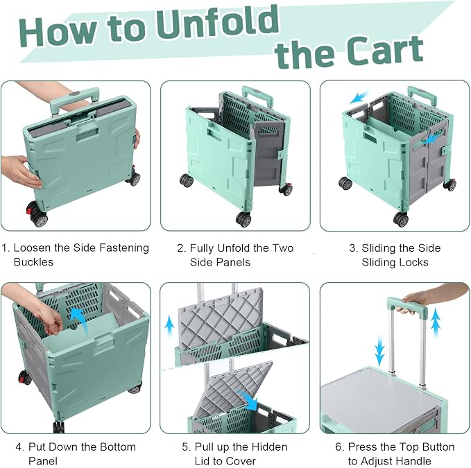 FELICON Folding Utility Cart Rolling Crate Handcart Basket Tote-Green+Gray | Collapsible Hidden Lid,Plastic Box,Telescoping Handle,4 Rotate Wheels for Travel Shop Move Grocery Laundry Office Teacher Use - Image 4