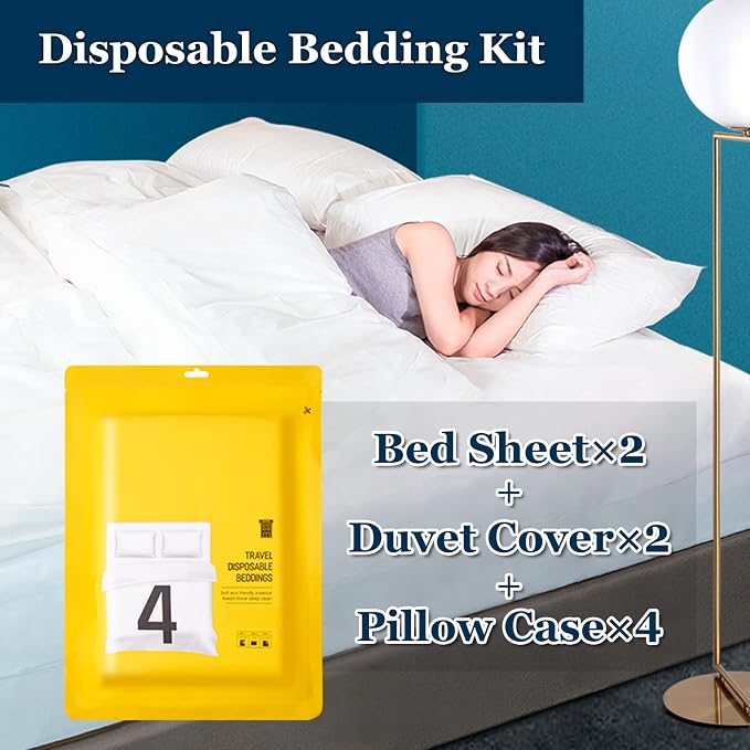 Extguds Disposable Travel Set : Bed Sheet×2+Duvet Cover×2+Pillow case×4+Bath Towels×4+Shower Caps×4+Plastic Bathtub Bag×4+Toilet Seat Covers×4+Compression face Towel×16+Toothbrushes×4+Slippers×4 - Image 2