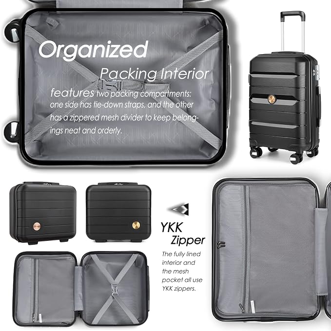 Somago 20 Inch Carry On Luggage Sets Hardside Suitcase with Double Spinner Wheels and TSA Lock YKK Zipper (Classic Black,14/20) - Image 2