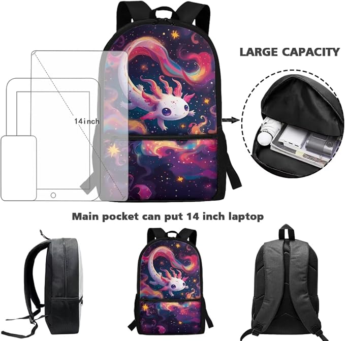 Axolotl Backpack for Boys 5Th Grade Galaxy Kids Backpack and Lunch Box Set 5 Piece Student Back to School Book Bag with Pencil Box Bottle Sleeve Bookmark - Image 4