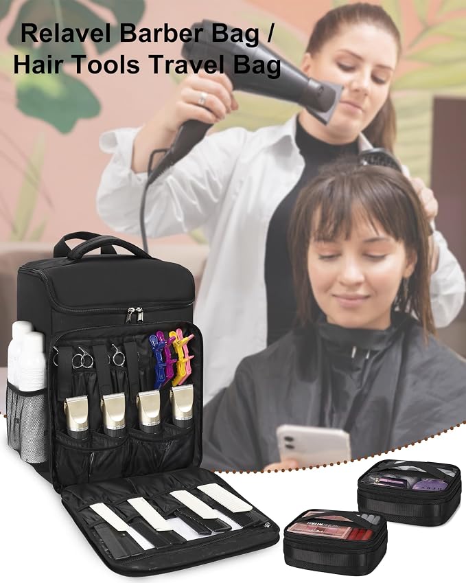 Relavel Barber Bag, Hair Tools Travel Bag, Barber Cases for Clippers and Supplies, Hairstylist Backpack Cosmetology Case with 2 Clear Bags for Hair Cutting Tools, Hair Salon Hairdresser Must Haves - Image 2