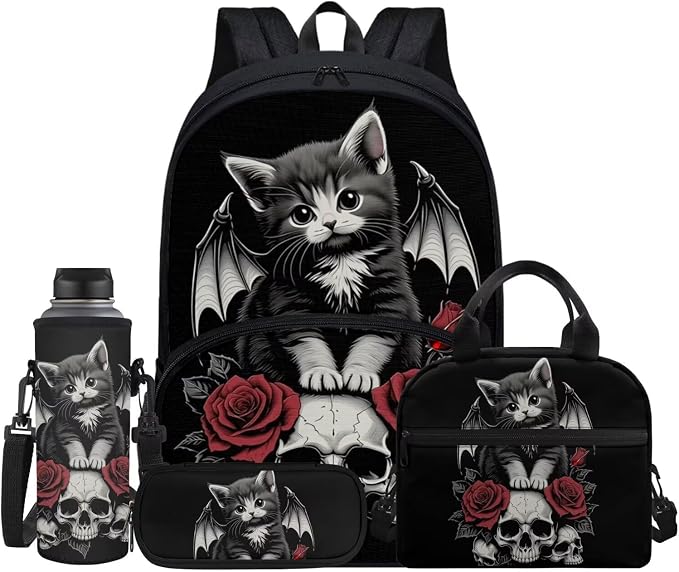 Cat Skull Rose Girls Boys Backpack Set 4 in 1 Gothic Black Kids School Backpacks Lightweight Bookbag Lunch Tote Bag Water Bottle Pen Case Stationery Pouch Bags with Zipper for Girl Boy Teen by Jndtueit
