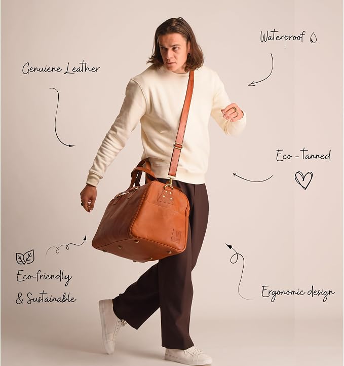 Leather Duffle Bag for Men & Women, 46L Overnight Weekender Garment Duffel Bags for Travel, Carry On Mens Weekend Bag for Traveling, Gym - 23 Inch, Brown (Tan) - Image 6